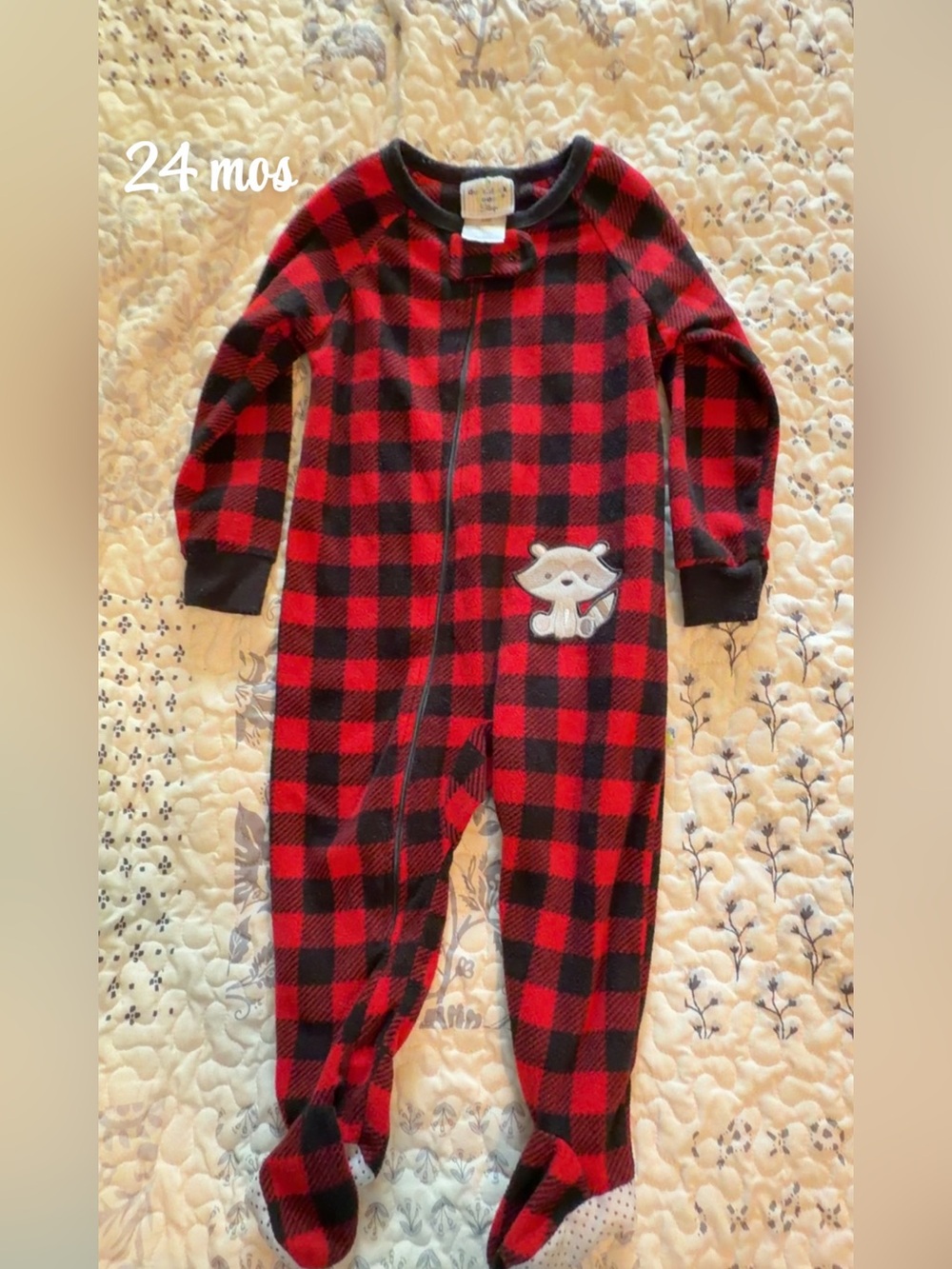 Kids Red and Black Buffalo Plaid One-Piece Pajamas with Fox Patch